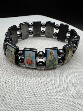 Vintage Stretchy Bracelet Hematite Religion Charms Christianity Beads Panels